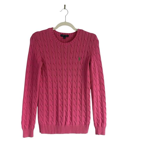 Ralph Lauren Cable knit Cotton crew neck Sweater Pink Sz Small Preppy Chic Pony - Picture 2 of 11